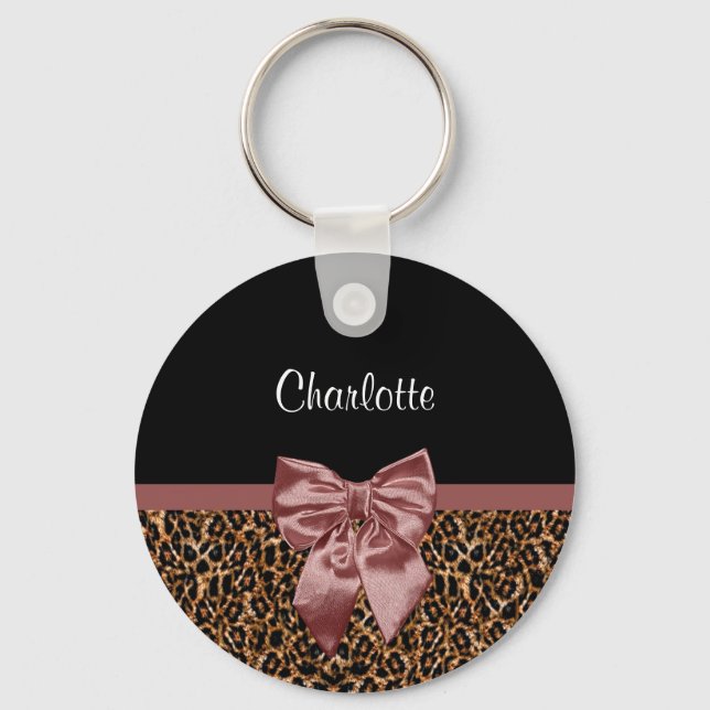 Snyggt Leopard Skriv ut Elegant Bow och Namn Nyckelring (Framsida)