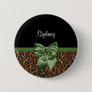 Snyggt Leopard Skriv ut Elegant Grönt Bow och Namn Knapp