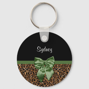Snyggt Leopard Skriv ut Elegant Grönt Bow och Namn Nyckelring
