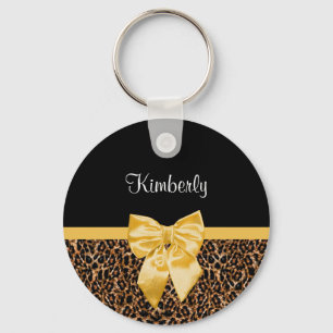 Snyggt Leopard Skriv ut Elegant Gult Bow och Namn Nyckelring