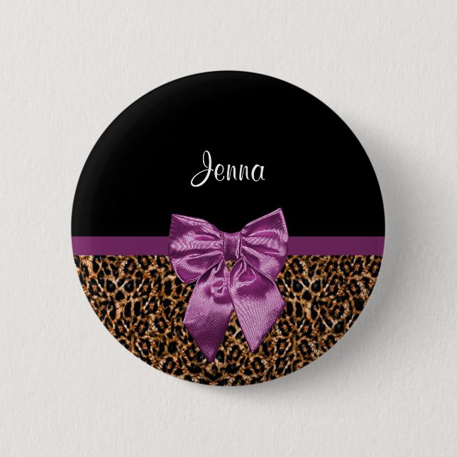 Snyggt Leopard Skriv ut Elegant Lila Bow och Namn Knapp (Framsida)