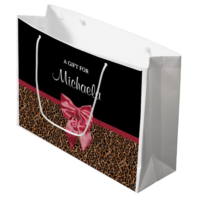 Snyggt Leopard Skriv ut Elegant Red Bow och Namn (Framsidan Vinklad)
