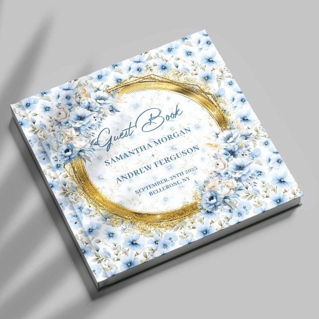 Snyggt Light Blue Guld Glitter Bröllop Guest Bok (Stylish Light Blue Gold Glitter Wedding Guest Book)