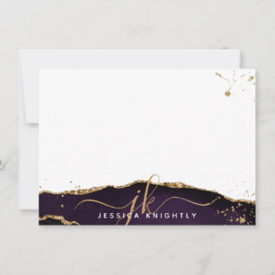 Snyggt Lila Agate Guld Glitter Script Monogram Anteckningskort