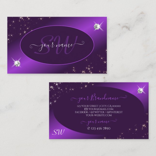 Snyggt Lila Glitter Stars diamanter och Monogram Visitkort (Fram/baksida)