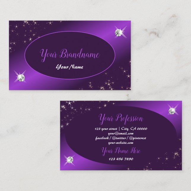 Snyggt Lila Glitter Stars Diamonds Professionell Visitkort (Fram/baksida)