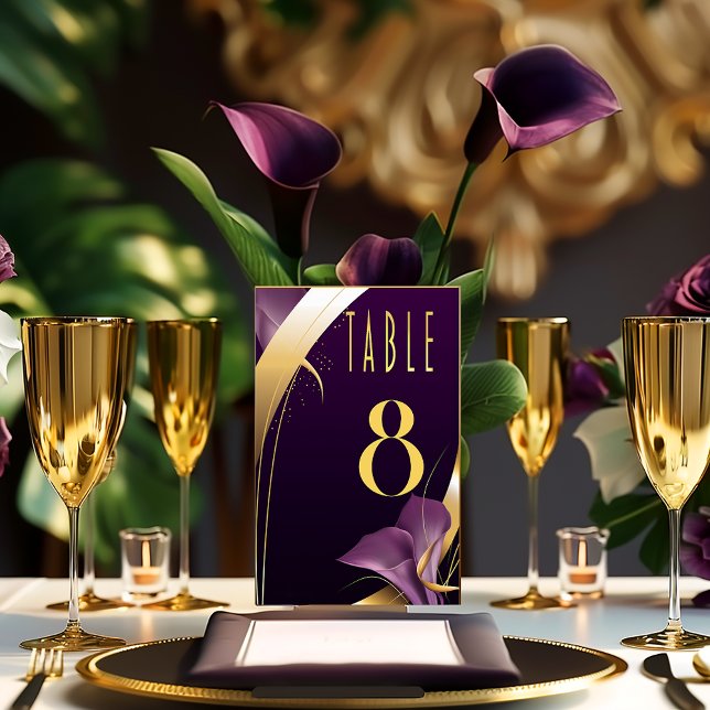 Snyggt Lila och Guld Calla Lily Bordsnummer (Sleek Purple Calla Lily and Gold Accent Wedding Table Number  )