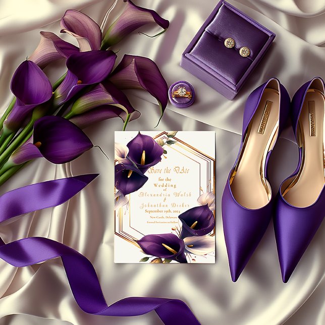 Snyggt Lila och Guld Calla Lily Bröllop OSA Kort (Purple Calla Lily Save the Date Wedding Enclosure Card)