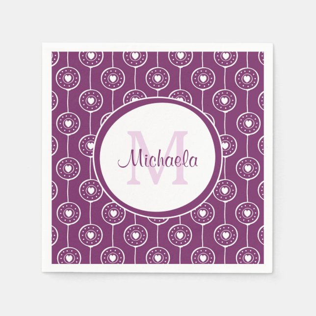 Snyggt Lila och vita örter Monogram med Namn Pappersservett (Framsidan)