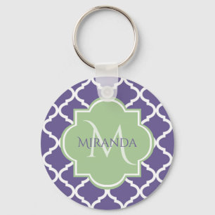 Snyggt Lila Quatrefoil and Namn Grönt Monogram Nyckelring