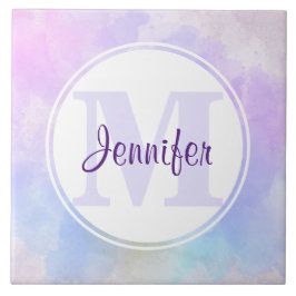 Snyggt Lila Rosa Blue Watercolor Monogram Kakelplatta