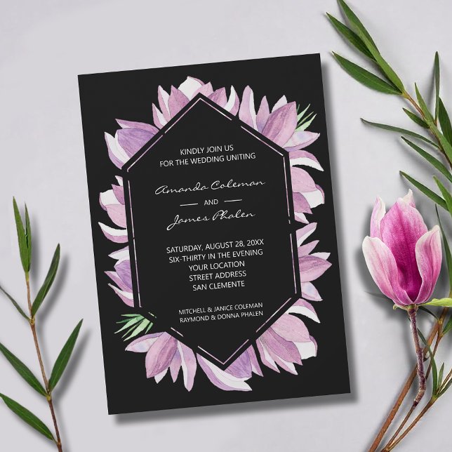 Snyggt Lila Watercolor Magnolias Bröllop Inbjudningar (Elegant purple and white magnolias square wedding invitations - INSTANT DOWNLOAD and/or PRINTED)