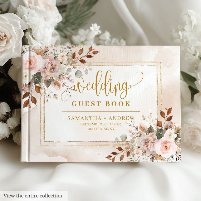 Snyggt Ljusa rosa Guld, höstfärg, Bröllop Gästböcker (Stylish Light Pink Gold Autumn Watercolor Wedding Guest Book)