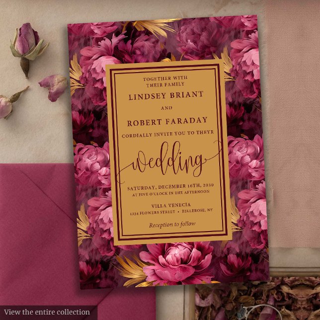 Snyggt Lux Marsala Guld Ro bröllopsinbjudan Inbjudningar (Stylish Lux Marsala Gold Roses Wedding Invitation)