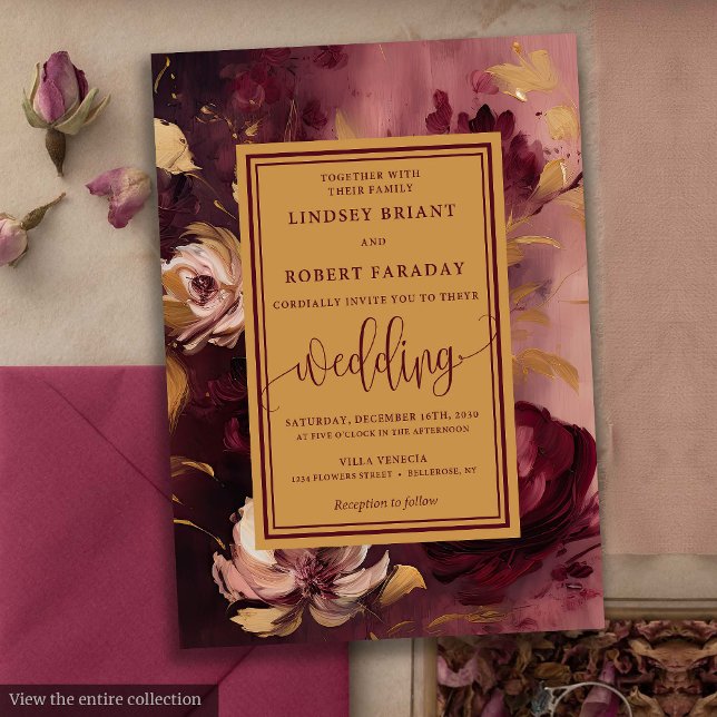 Snyggt Lux Merlot  Guld Blommigt Bröllop Inbjudningar (Stylish Lux Merlot Blush Gold Floral Wedding Invitation)
