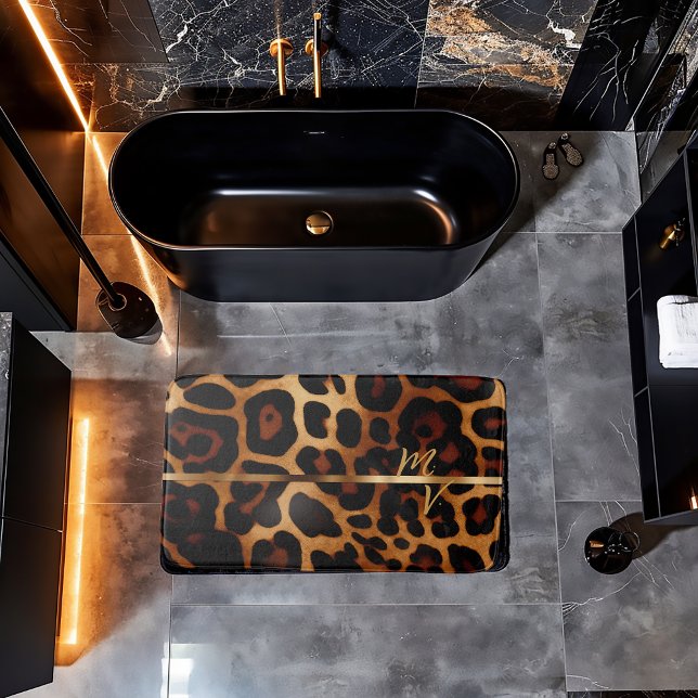 Snyggt Luxe Leopard-Print Monogrammed Badrumsmatta (Chic and Stylish Leopard-Print Bath Mat)