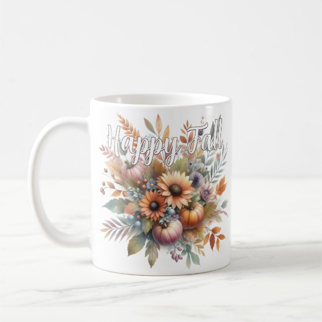 Snyggt Lycklig Fall Pumpkin Flower Bouquet Motif Kaffemugg (Vänster)