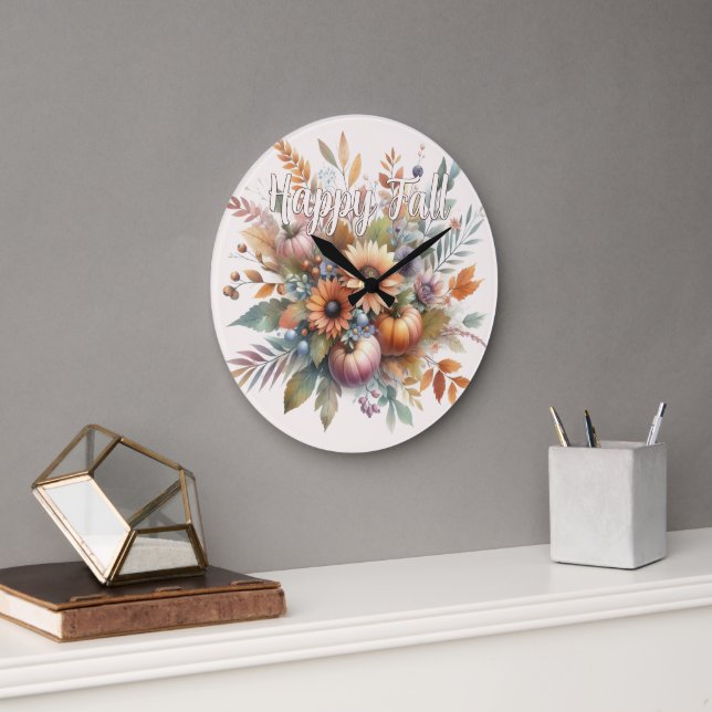 Snyggt Lycklig Fall Pumpkin Flower Bouquet Motif Stor Klocka (Kontor)