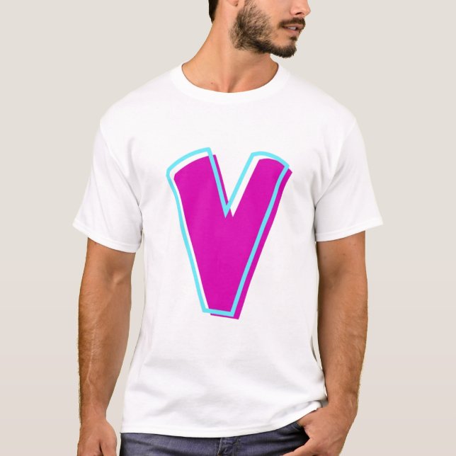 Snyggt Magenta och Teal Brev V T Shirt (Framsida)