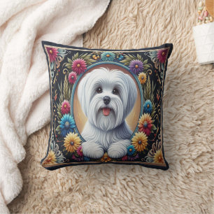 Snyggt Maltesisk Hund Blommigt Colorful Gräns Kudde