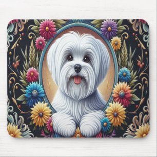 Snyggt Maltesisk Hund Blommigt Colorful Gräns Musmatta