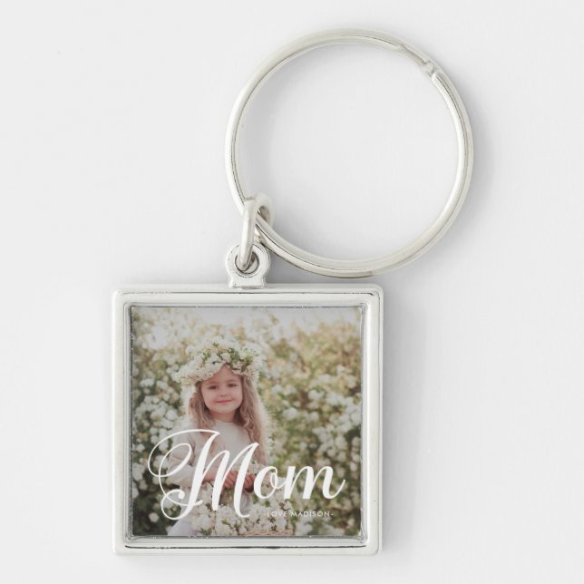Snyggt Mamma Typography Photo and Namn Keychain Fyrkantig Silverfärgad Nyckelring (Framsidan)