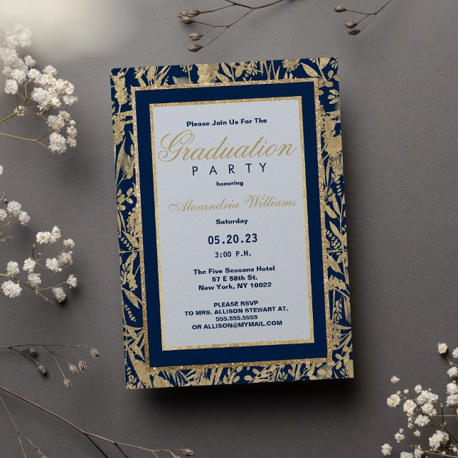 Snyggt marinblått guld glitter blommigt Studenten Inbjudningar (Stylish navy blue gold glitter floral Graduation Invitation )