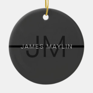 Snyggt Masculine Mörk Grått Namn & Monogram Julgransprydnad Keramik