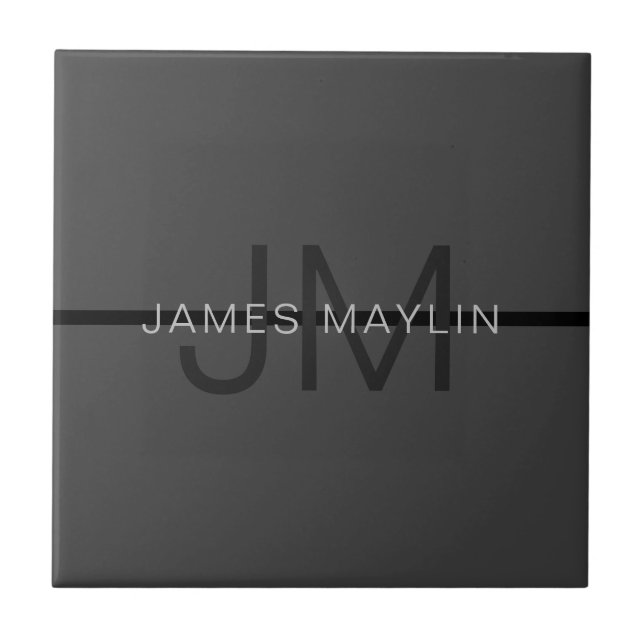 Snyggt Masculine Mörk Grått Namn & Monogram Kakelplatta (Framsidan)