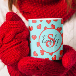 snyggt med monogrammet Red eart mönster på blue Kaffemugg