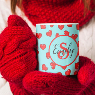 snyggt med monogrammet Red eart mönster på blue Kaffemugg