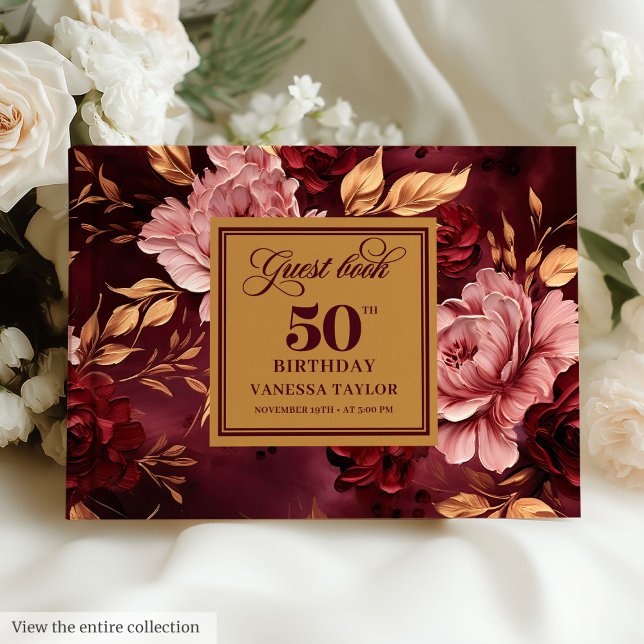 Snyggt Merlot  Guld Blommigt 50:e födelsedagen Gästböcker (Stylish Merlot Blush Gold Floral 50th Birthday Guest Book)
