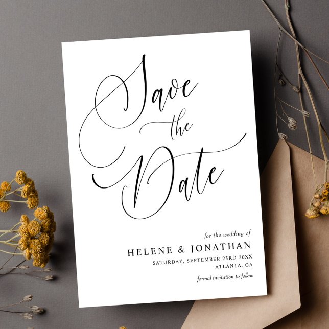 Snyggt Minimalistisk Svartvit Elegant bröllop Spara Datumet (Stylish Minimalist Black White Elegant Wedding Save The Date)