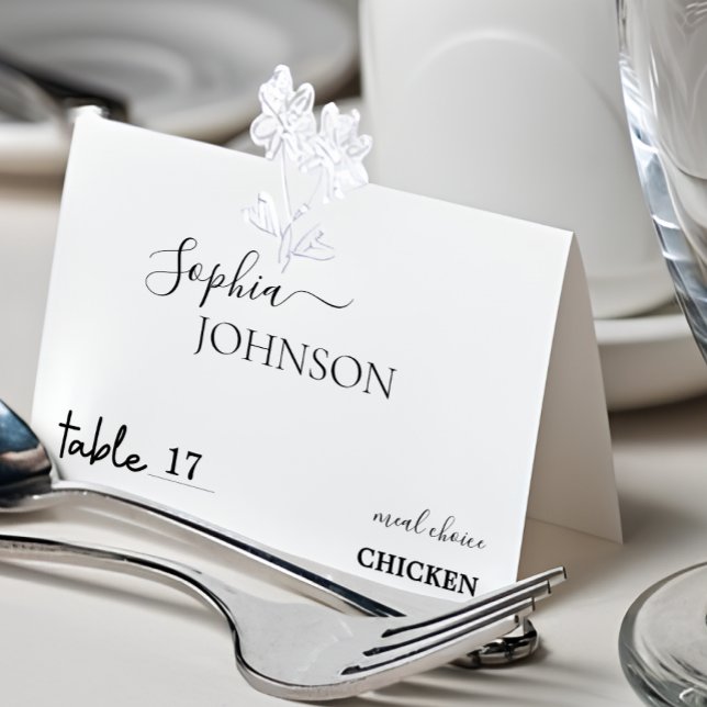 Snyggt Minsta Bröllop-platskort med val av måltid Bordsnummer (Stylish Minimal Wedding Place Card With Meal Choice)