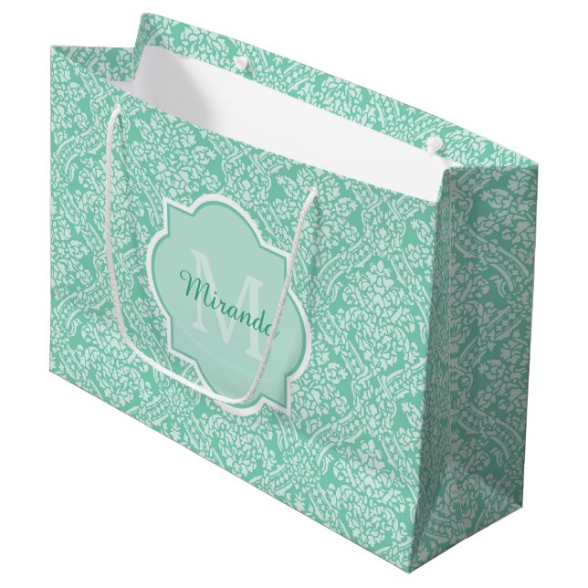 Snyggt Mint Grönt Damask Monogram med Namn (Framsidan Vinklad)