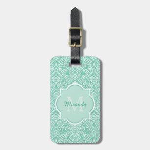 Snyggt Mint Grönt Damask Monogram med Namn Bagagebricka
