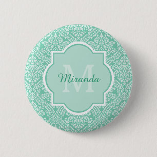 Snyggt Mint Grönt Damask Monogram med Namn Knapp