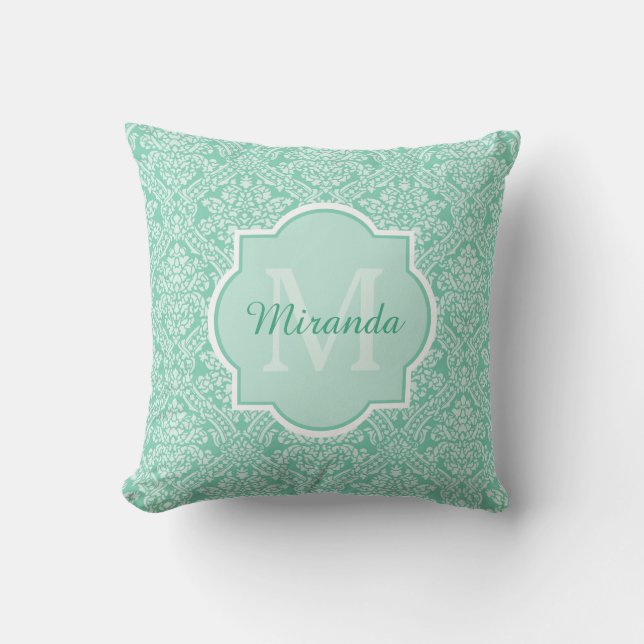 Snyggt Mint Grönt Damask Monogram med Namn Kudde (Framsida)