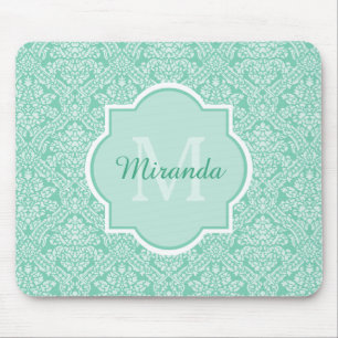 Snyggt Mint Grönt Damask Monogram med Namn Musmatta