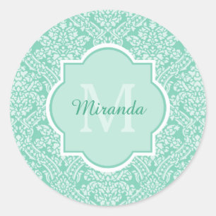 Snyggt Mint Grönt Damask Monogram med Namn Runt Klistermärke