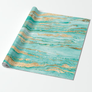 Snyggt Mint & Guld Abstrakt Marbleized Paint Presentpapper
