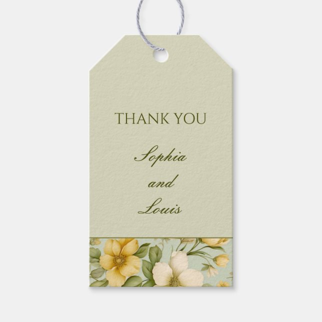 Snyggt mjuk grönt och beige blommigt bröllop presentetikett (Framsidan)