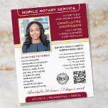 Snyggt Mobile Notary Service Photo Burgundy Guld Flygblad<br><div class="desc">Få ut fler kunder med de här klassiska notarie Public business flyers. En personlig med snyggt, namn, detaljer, QR-kod och en logotyps- eller ackrediteringssymbol. Affärsflygare är ett effektivt sätt att marknadsföra din verksamhet och annonsera dina notarietjänster. Ett effektivt sätt att marknadsföra din verksamhet och annonsera dina notarietjänster. Perfekt för en...</div>