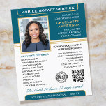 Snyggt Mobile Notary Service Photo Teal Guld Flygblad<br><div class="desc">Få ut fler kunder med de här klassiska "Mobile Notary Service"-affärsflygarna. En personlig med snyggt, namn, detaljer, QR-kod och en logotyps- eller ackrediteringssymbol. Texten och bilder kan anpassas eller tas bort så att du kan ta med den information du vill ha. Lägg bara till webbens URL och en QR-kod genereras...</div>