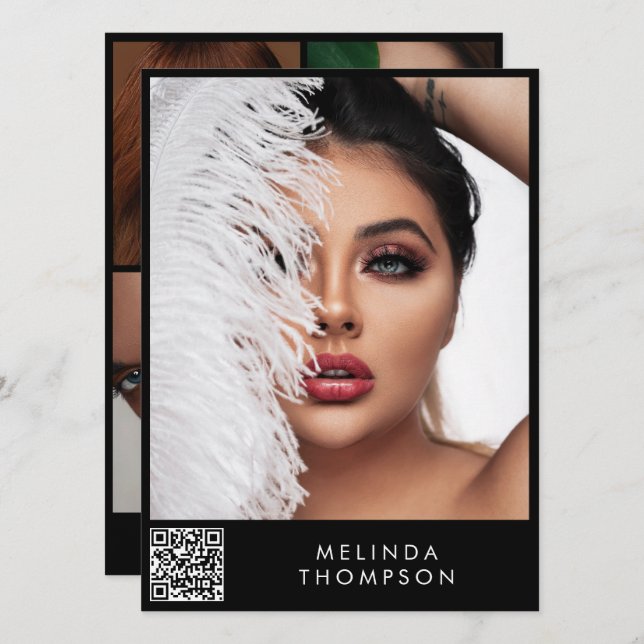 Snyggt Modellering Comp Card 5 Svart foto QR-kod Inbjudningar (Fram/baksida)