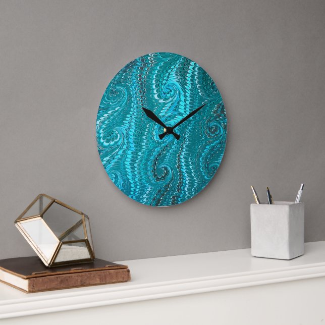 Snyggt Modern Abstrakt Blue Swirls Marble Mönster Stor Klocka (Kontor)