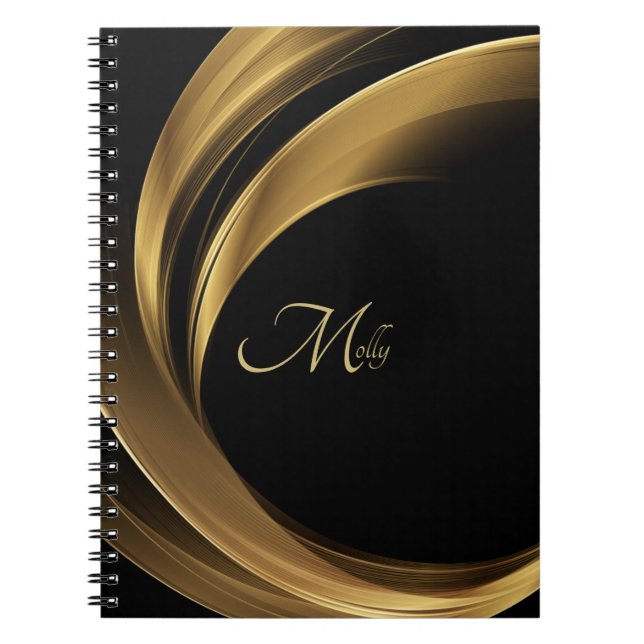 Snyggt Modern Black & Guld Monogram-skript Namn Anteckningsbok (Framsidan)