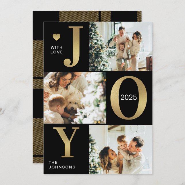 Snyggt Modern Black Photo Collage Joy jul Julkort (Fram/baksida)