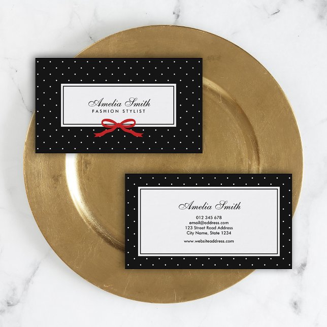 Snyggt Modern Black & White Polka Dot Red Ribbon Visitkort (Skapare uppladdad)