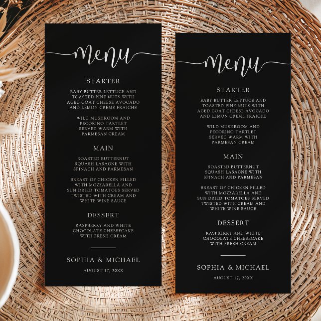 Snyggt Modern Calligraphy Black Bröllop Meny (Skapare uppladdad)